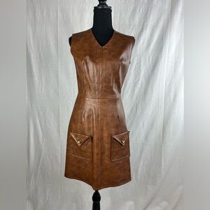 Vintage 60s 70s brown faux leather mini mod dress, size small, Helen Whiting Inc